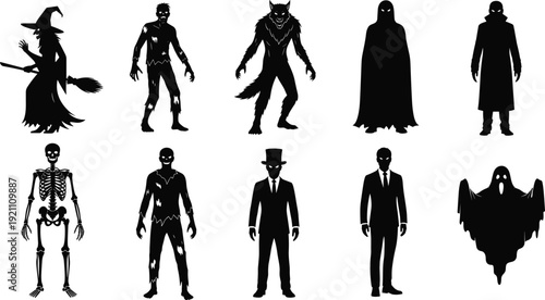 Black vector silhouette set of spooky Halloween monsters including a witch zombie werewolf skeleton ghost and vampire for horror party branding, cad drawing flat vector illustration