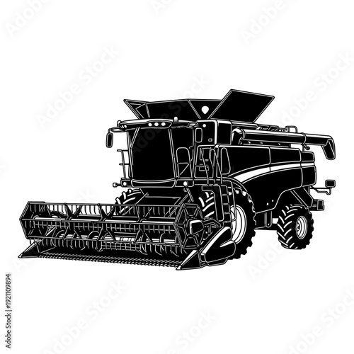 Detailed illustration of a modern combine harvester machine in black and white
