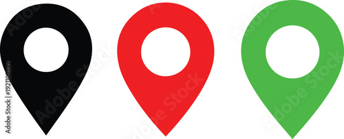 Minimalist black, red and green map pin location marker silhouette vector icon