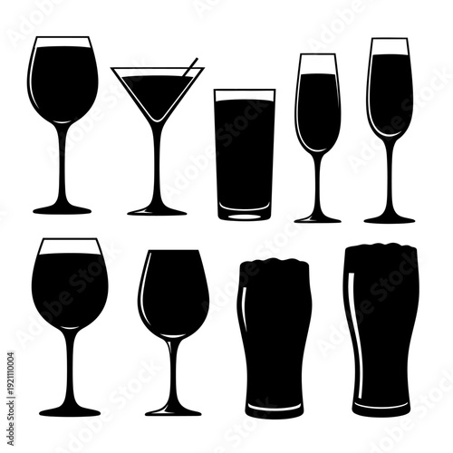 A collection of black silhouette glassware including wine martini and beer glasses