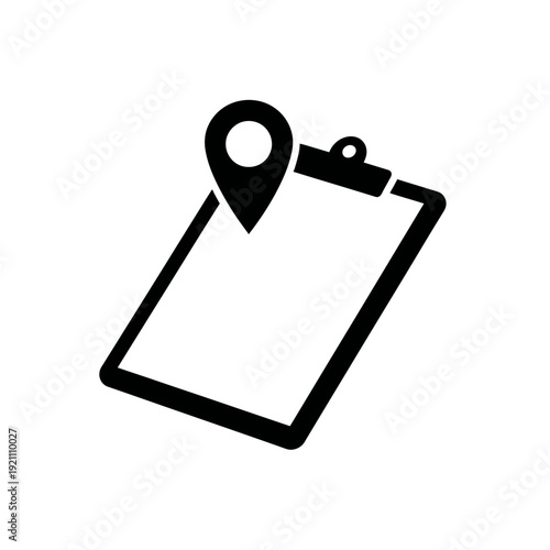 Black outline of a clipboard with a location pin on top