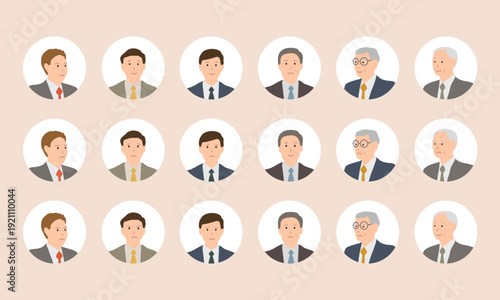 ビジネス男性の表情アイコンセット スーツ姿の年齢別バリエーション