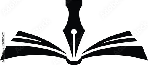 Stylized black and white graphic icon depicting a classic fountain pen nib resting perfectly centered above the open pages of a conceptualized book design for education or writing purposes.