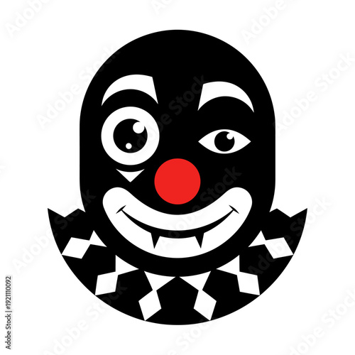 A stylized black and white clown face with a red nose and sharp teeth