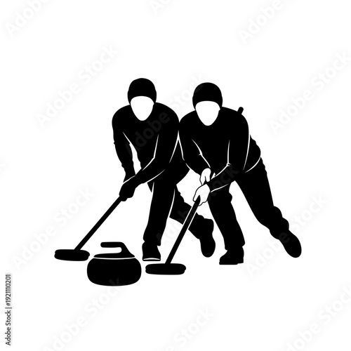 Two curlers sweeping stones in a black and white silhouette image