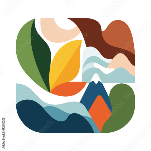 Abstract landscape of stylized leaves, mountains, and water, with a geometric flair