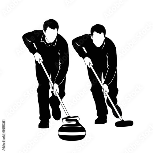 Two curlers sweeping a stone toward the house in silhouette