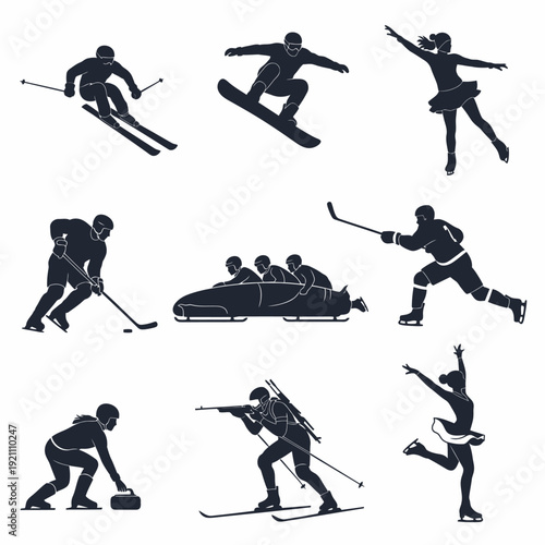 Silhouettes of various winter sports athletes in action poses