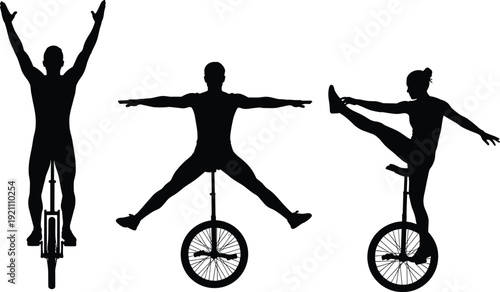 Unicycle Rider Silhouette Collection Performing Balance Tricks and Acrobatics Black Vector Illustration Isolated on White Background for Fitness Design