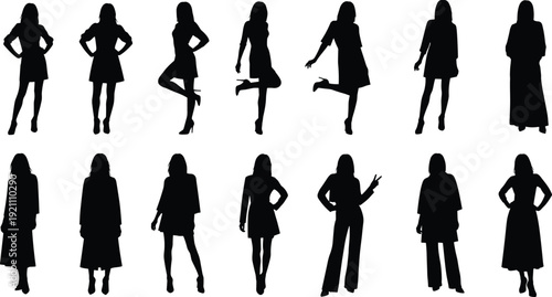 Black silhouettes of fashionable women posing in stylish dresses and outfits, set of elegant female figures for beauty and fashion