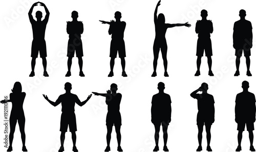 Black silhouettes of brave military soldiers saluting, standing at attention, and armed army troops in uniform for Veterans Day and patriotism