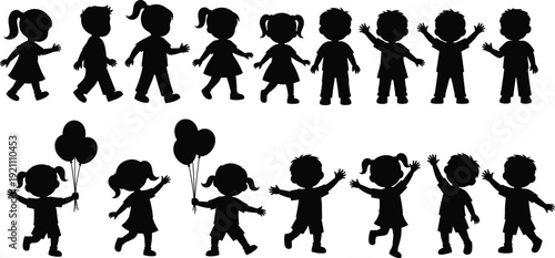 Black silhouettes of happy children playing, walking, waving, and holding balloons, set of cute boys and girls for childhood designs