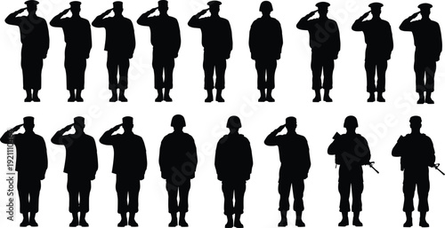 Black silhouettes of brave military soldiers saluting and standing at attention, armed army troops in uniform for Veterans Day and patriotism