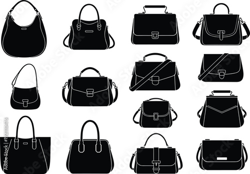 Women Handbag Silhouette Collection with Tote Shoulder and Satchel Bags Black Vector Illustration Set for Fashion Design
