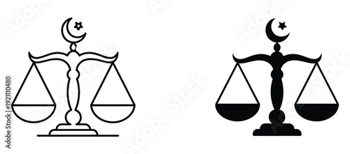 Justice scales and crescent moon symbol illustration depicting law, fairness, Islamic-inspired design elements, balance concept, and clean professional