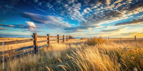 Golden Hour Serenity A Rustic Wooden Fence Lines a Vast Expanse of Sunlit Prairie Grass Under a Dramatic Sky