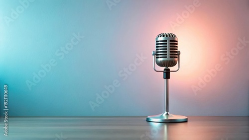 Retro microphone on a table against a soft-hued background, ready for a vocal performance or recording session.