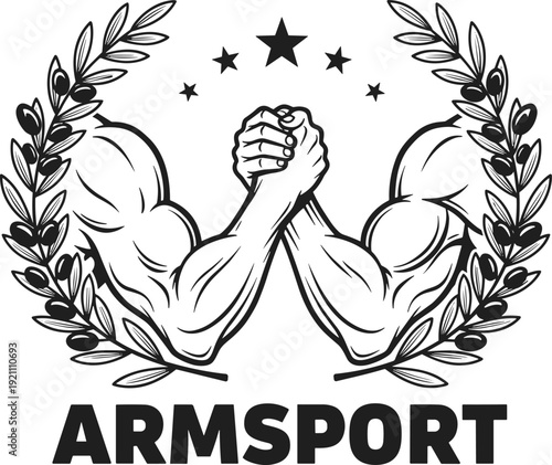 Arm wrestling logo featuring muscular arms clashing within an olive wreath with stars for sports competition and strength concept design.