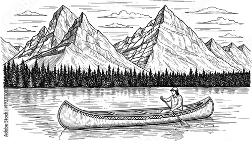 Vintage engraving style illustration of a person paddling a canoe on a calm lake with mountains and pine forest background.