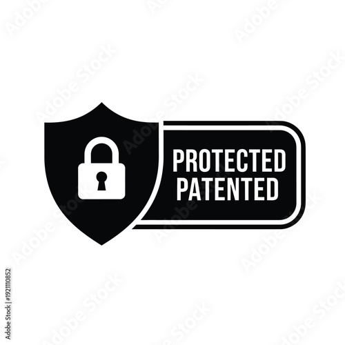 Vector illustration icon black shield icon with lock and protected patented label