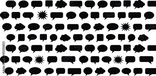 Large set of black speech bubble silhouettes in various shapes including round square and cloud styles isolated on white background.