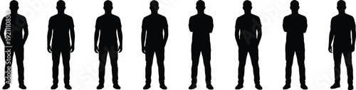 Row of eight black male silhouettes standing in a line on a white background with varied arm poses for teamwork concepts.