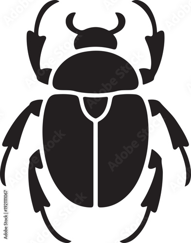 Minimalist black scarab beetle with detailed legs and segmented body insect