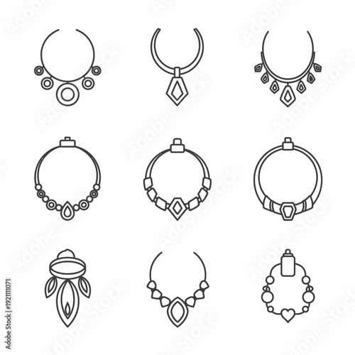 Collection of minimalist line art jewelry designs including necklaces and chokers