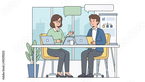 HR manager talking with candidate at job interview flat vector illustration