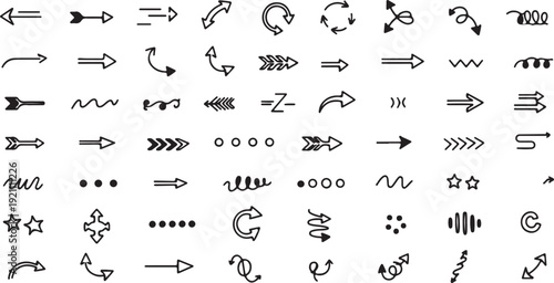 Hand-Drawn Arrows and Symbols Set in Simple Monochrome Line Art Style on White Background for Graphic Design Elements