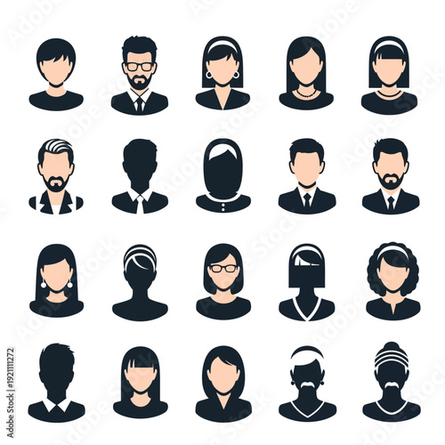 Collection of diverse simplified black silhouette headshot icons