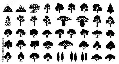 Large Minimalist Tree Silhouette Bundle Featuring Diverse Biome Trees Vector Illustration on White