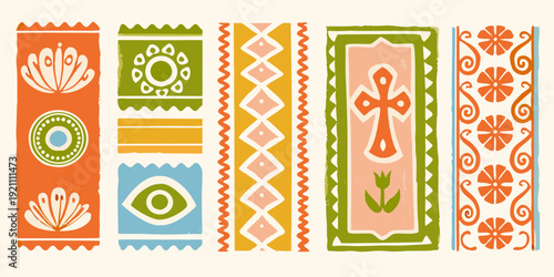 A series of colorful vertically aligned ornamental textile designs