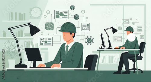 Engineering professionals working on complex project planning and data analysis at modern office desks