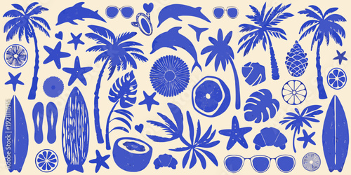 A vibrant pattern featuring tropical elements in shades of blue