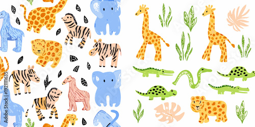 Playful pattern featuring various colorful animals and tropical foliage