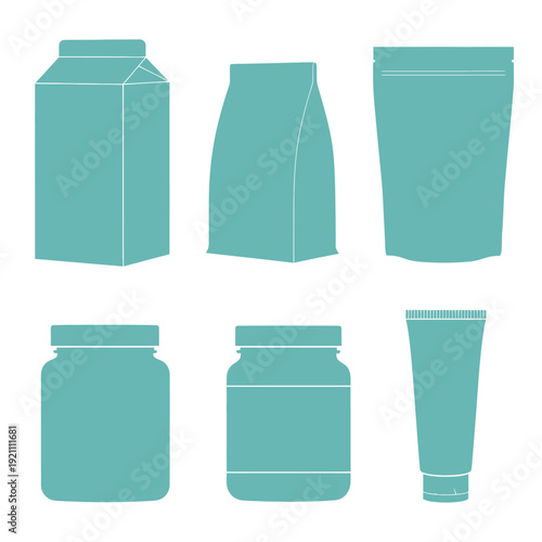 Assorted teal packaging containers in a flat vector illustration style