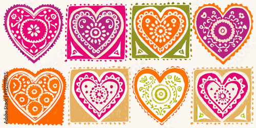 Colorful collection of ornate heart shaped postage stamps in a grid