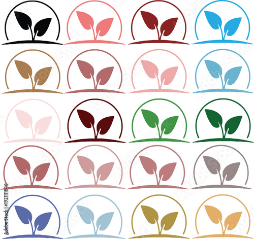 Collection of vibrant and monochrome seedling sprout logo icons displayed in a grid format showcasing various color palette options for nature concepts