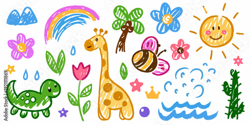 A colorful child s drawing featuring a rainbow animals and flowers