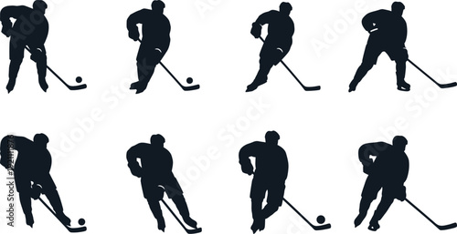 Silhouette of hockey players in various poses with sticks and puck on white background