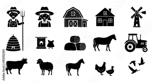 Farm Silhouettes Vector Set with Kid Farmers Animals Barn Tractor and Rural Village Black Icons Collection