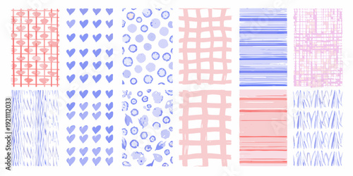 Abstract patterns composed of hand drawn lines in red and blue hues