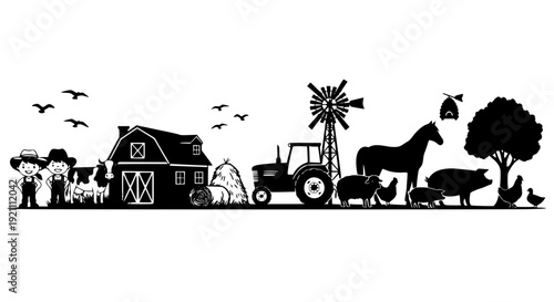 Rural Farm Black Silhouettes with Child Farmers Barn Animals Tractor and Windmill Village Vector Set