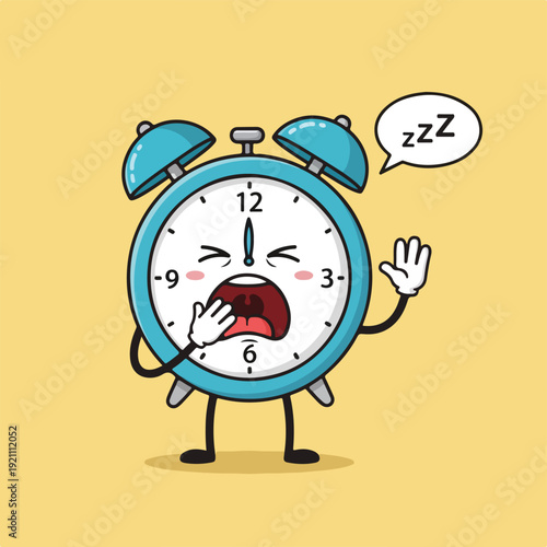 Animated blue alarm clock yawning, with "Zzz" sleep bubble, on yellow background