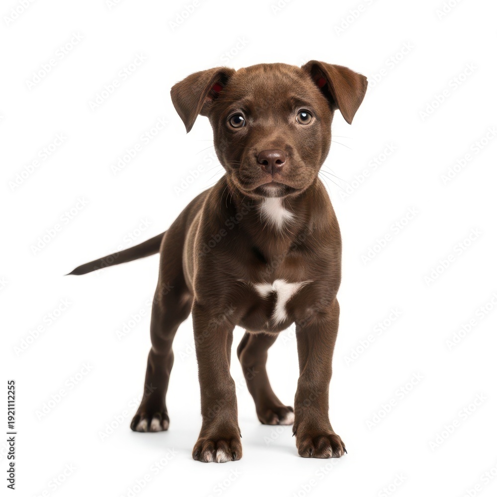 Obraz premium A brown puppy with white markings on its chest and paws stands on a white background