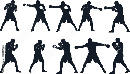 Boxer silhouette postures set various fighting stances and moves in black on white background