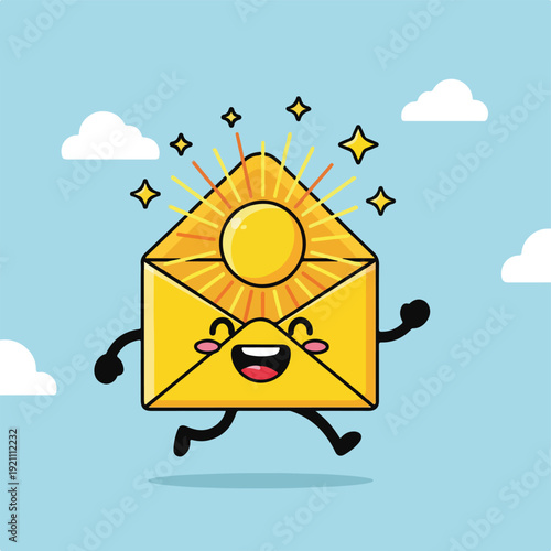 Animated envelope with a sun, running on a blue background, with clouds