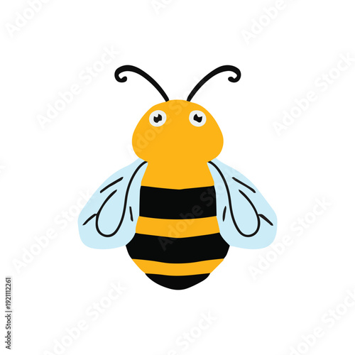 A cute happy cartoon bee flying around sweet honey and flowers