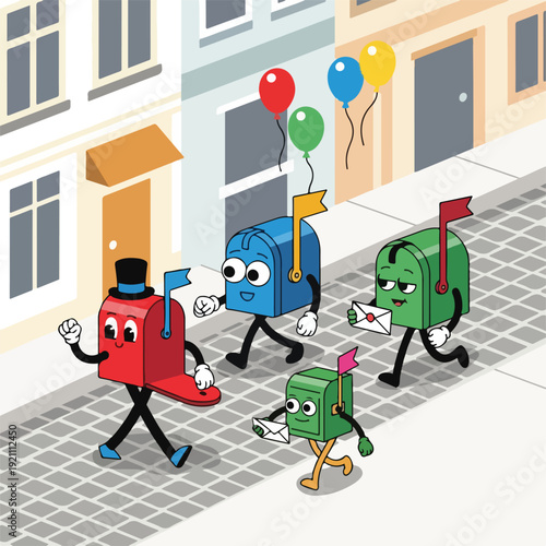 Animated mailboxes with arms and legs walk down a cobblestone street